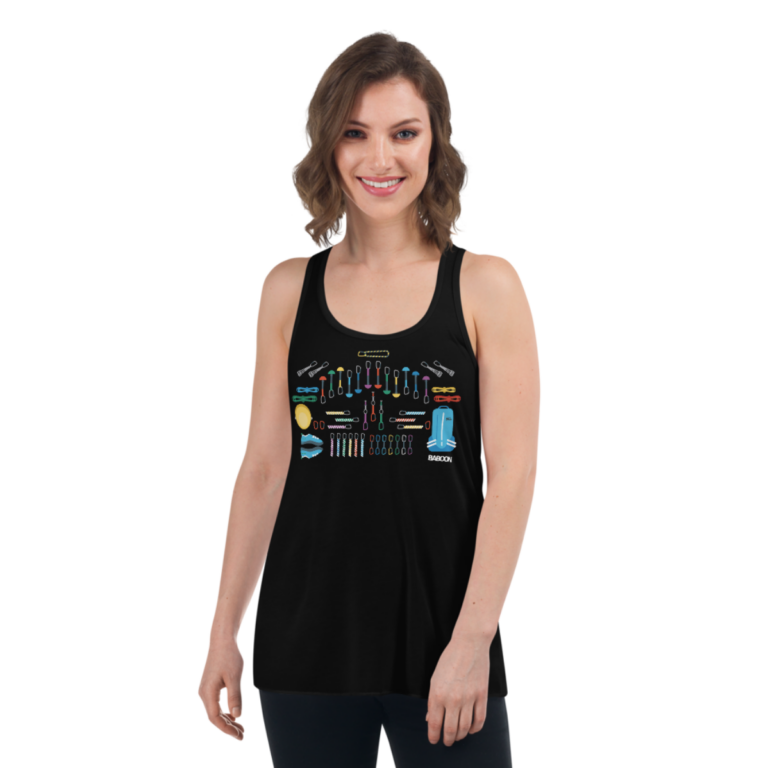 Woman wearing Baboon Trad Gear Black Flowy Racerback Tank 768x768