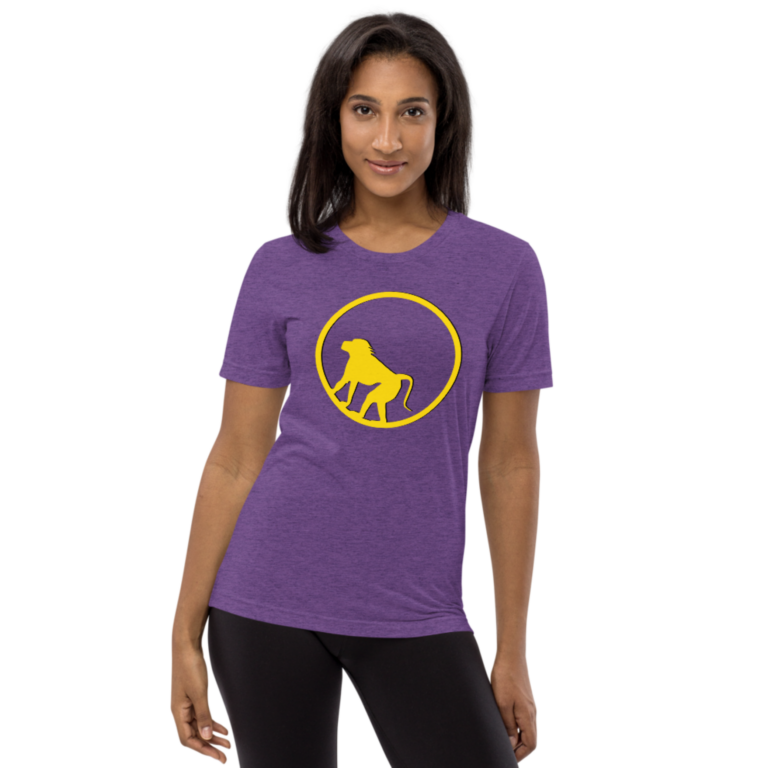 Woman wearing Baboons Purple T Shirt with Yellow Logo 768x768