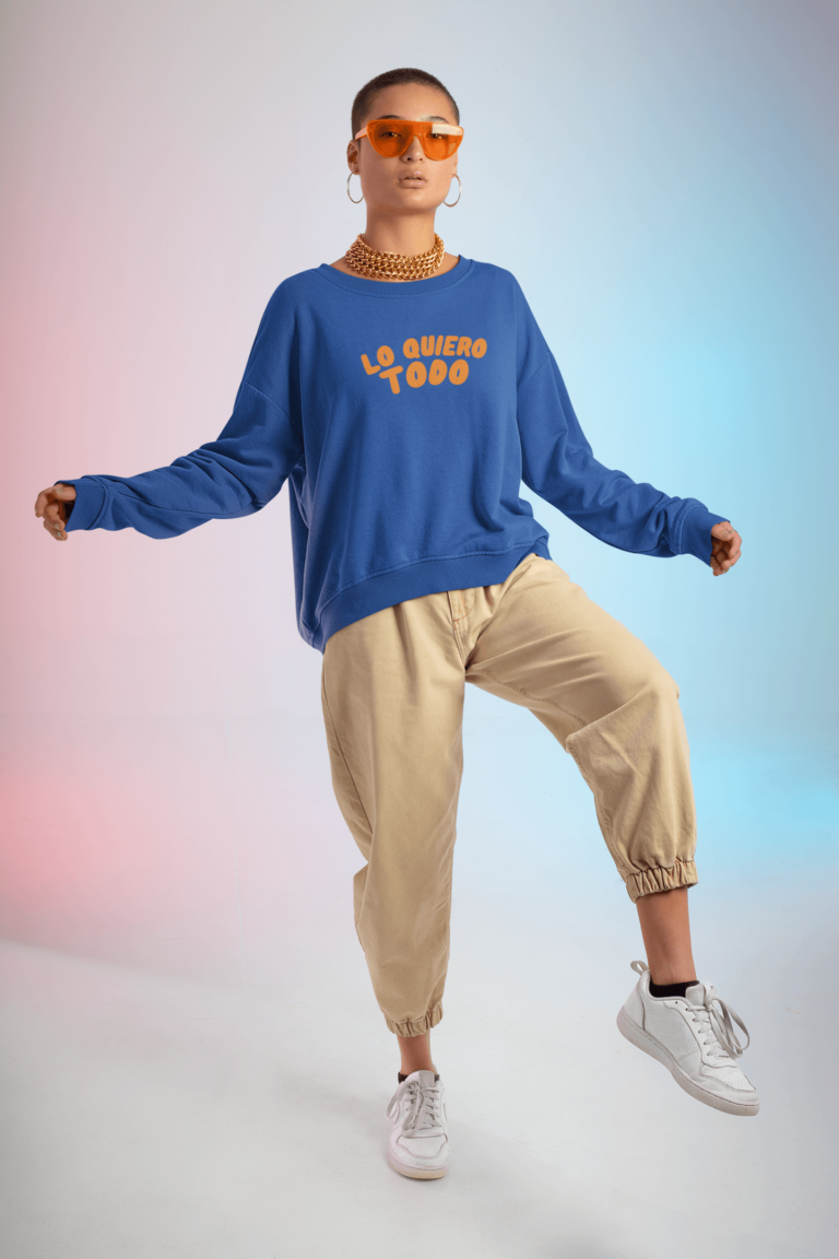 lo quiero todo sweatshirt mockup of a short haired woman with a color gradient background covedoza latinx latina royal blue 768x1152
