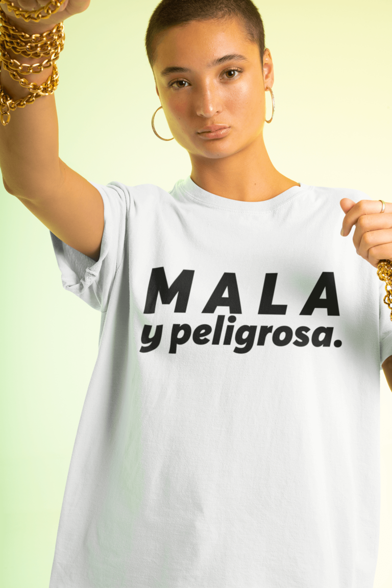 mala y peligrosa unisex t shirt mockup featuring a woman with an androgynous look m650 768x1152