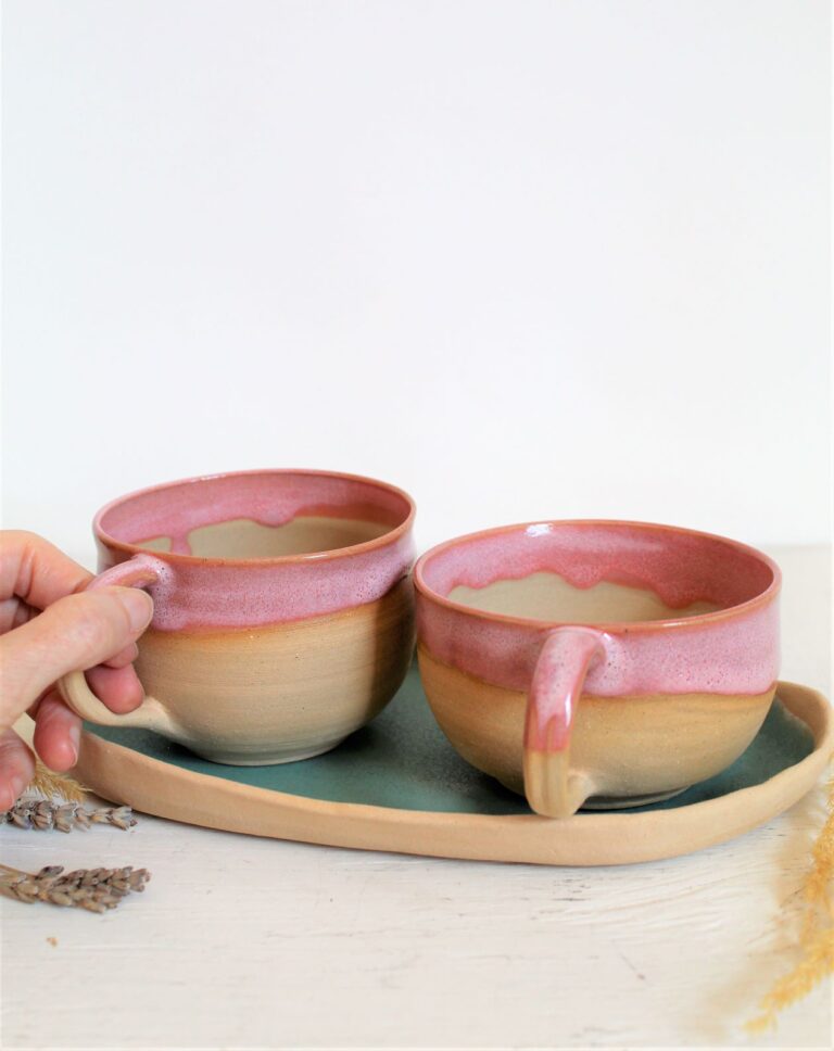 Two Short Pink cups 8oz on green tray 2 768x968